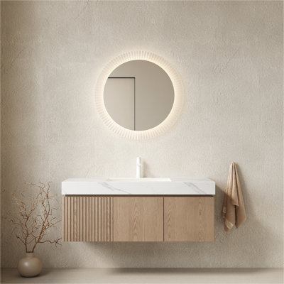 Meuble-lavabo et lavabo de 48 po MURI, armoire de rangement flottante en contreplaqué avec tiroir et portes, plateau en pierre frittée blanc de Carrare et lavabo en céramique avec 1 trou de robinet pré-percé, pré-assemblé
