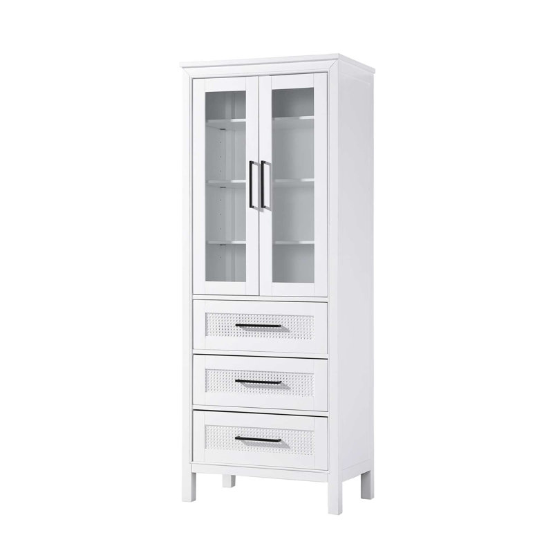 28 Inch Bath Storage Glass Cabinet in White, 72" H x 28" W x 72" D, White