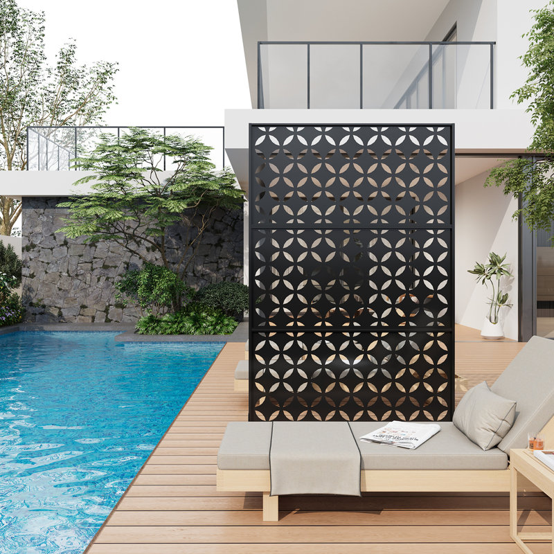 Freestanding Metal Privacy Screen, Laser Cut Decorative Garden Fence Panel with Stand, Rustproof Galvanised Steel Divider, 183x120cm, Black, Coin Pattern