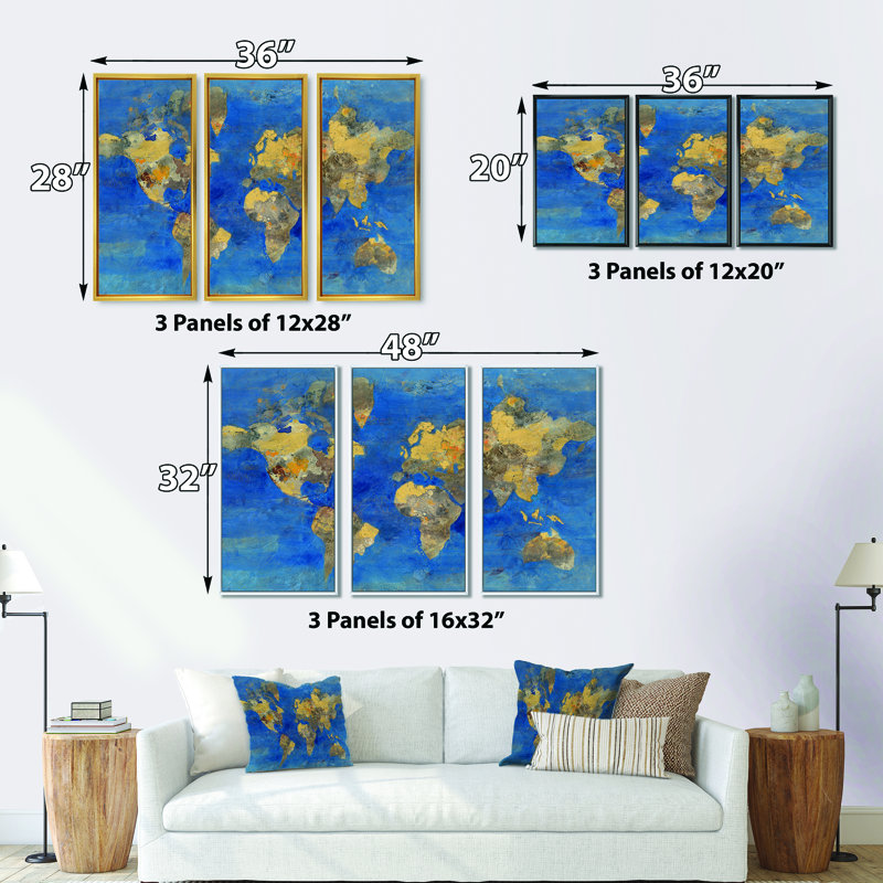 Carte du monde Golden Glam - ensemble d'art mural sur toile traditionnel encadré de 3, 20" H x 36" W x 1" D, Cadre noir