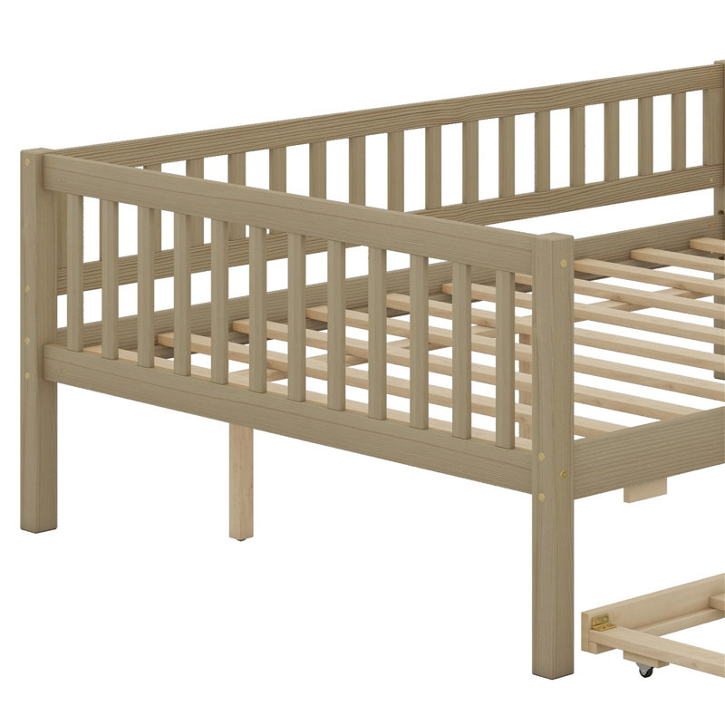 Wood Daybed With Trundle And Fence Guardrails, Natural