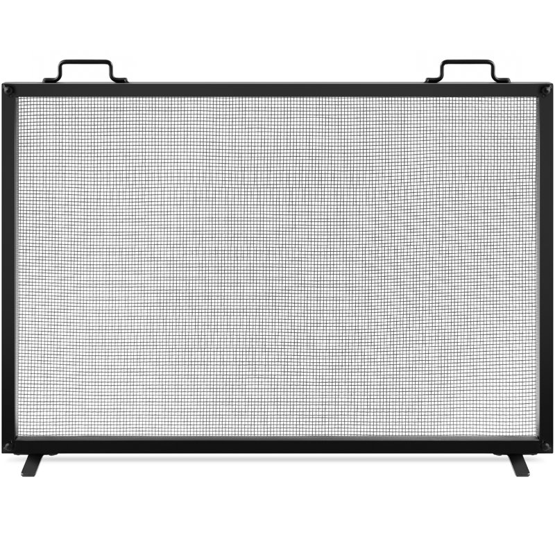 Cassiano 38x27in Single Panel Fireplace Screen Handcrafted Steel Mesh Spark Guard w/ Handles, Black