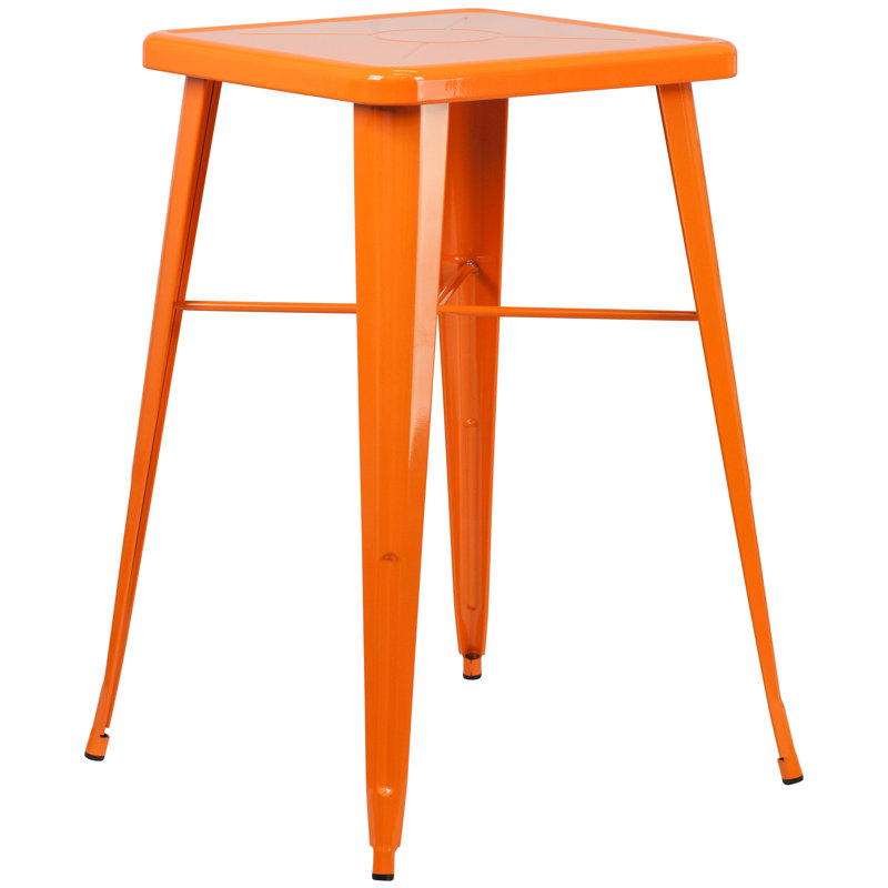 Commercial Grade 23.75" Square Metal Indoor-Outdoor Bar Table Set with 2 Stools with Backs, Orange
