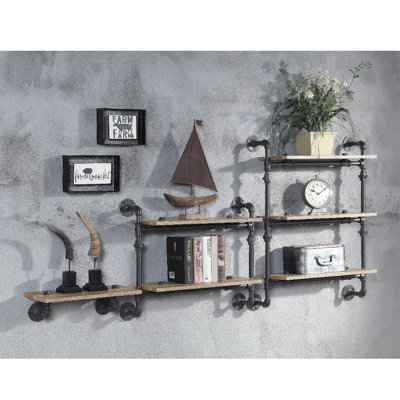Brantley Wall Rack, Oak & Sandy Black Finish, Decorative Floating Shelf for Home Storage & Display