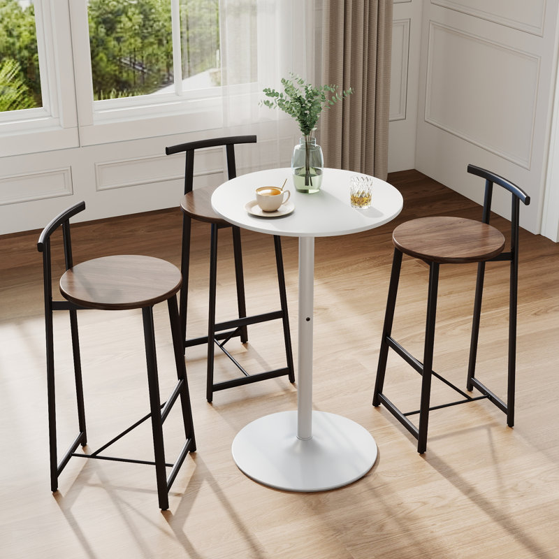 Ensemble de table de bar 24 po en MDF blanc avec 3 tabourets de bar, base en fer mat, comptoir moderne pour la cuisine, la salle à manger et le café