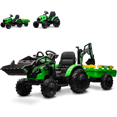 24V Kids Ride On Tractor, Excavator & Bulldozer w/ Trailer, Digger, Shovel Bucket, Remote, LED Lights, Music