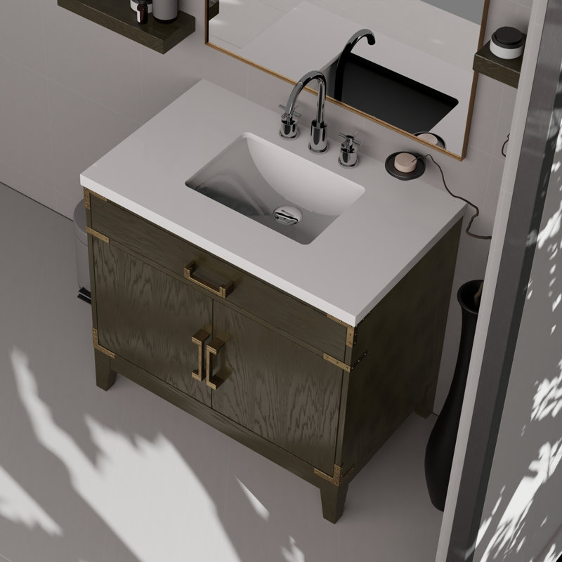 Meuble-lavabo simple en chêne brun 36 po X P 22 po D, plateau en marbre de culture et robinet, Chêne brun