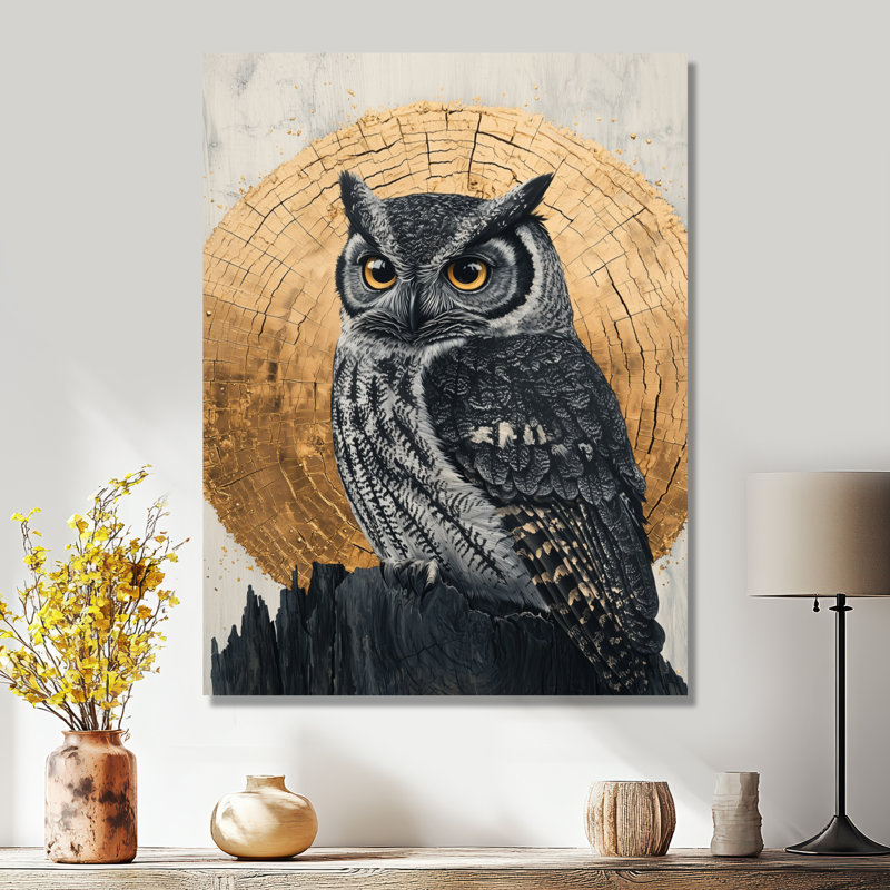 «Dalk Owl Into Golden Forest Landscape I», impression murale en métal hibou, H 20 po x l 12 po