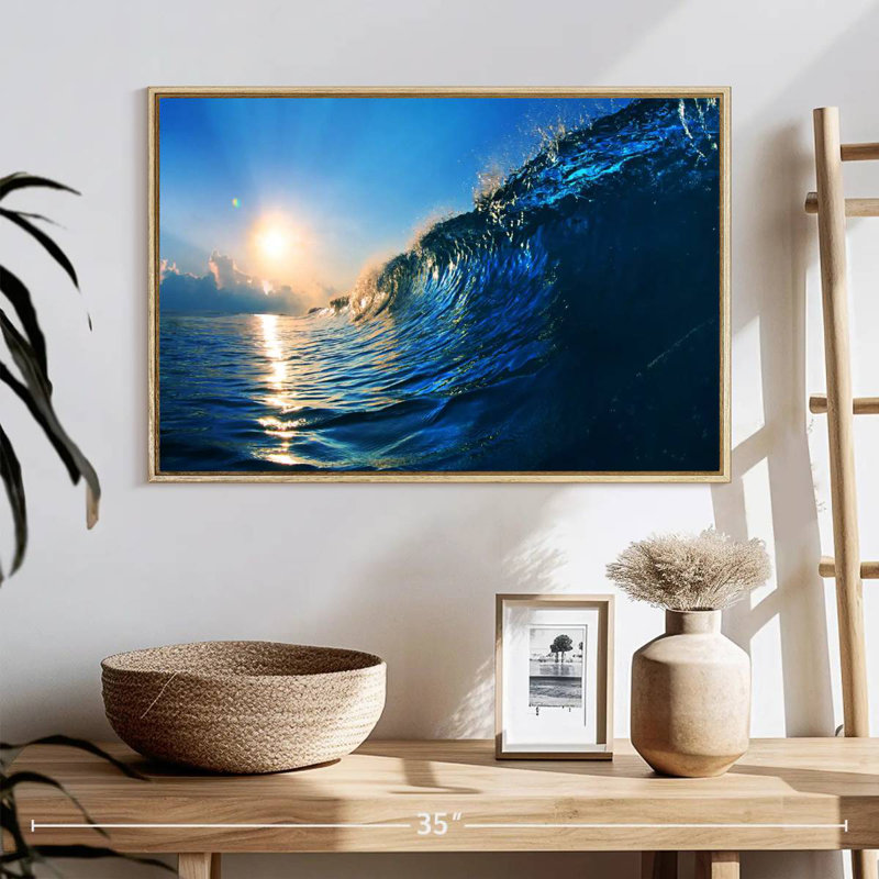 Blue Ocean Wave, 25" X 17", Floating Frame Natural Wood