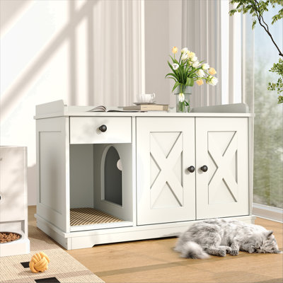 Enceinte de litière pour chat GO, meubles de litière cachés avec tapis de litière pour chat, table d'appoint pour chat avec tiroir, table d'appoint de style campagnard pour le salon, blanc
