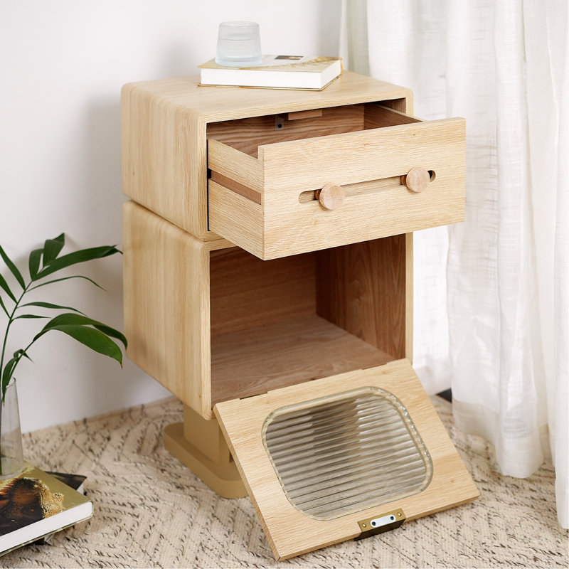 Table d'appoint rotative avec rangement spacieux pour robot avec tiroir et armoire en verre, parfaite pour un décor moderne et amusant