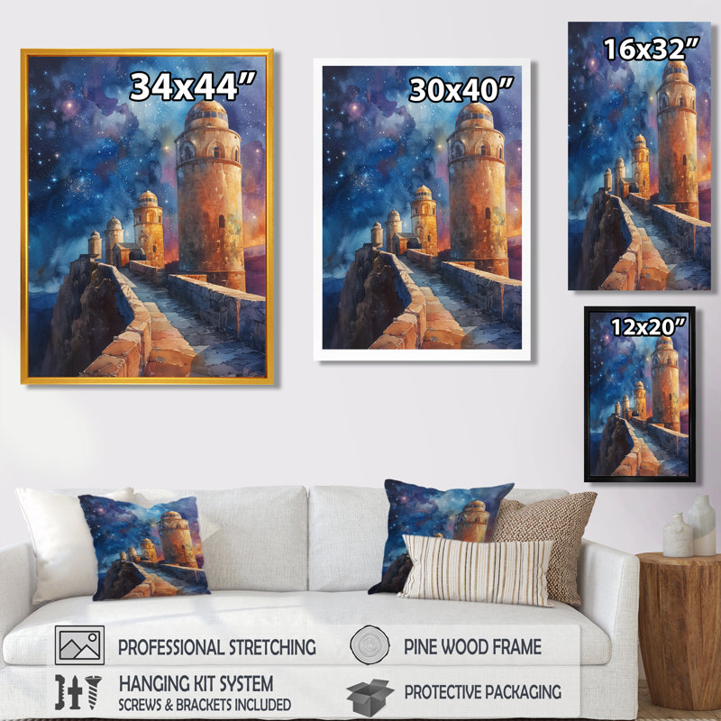 Bleu, jaune, étoile, sanctuaire, observatoire, art mural, Toile encadrée noire simple, H 12 po x l 20 po x P 1 po
