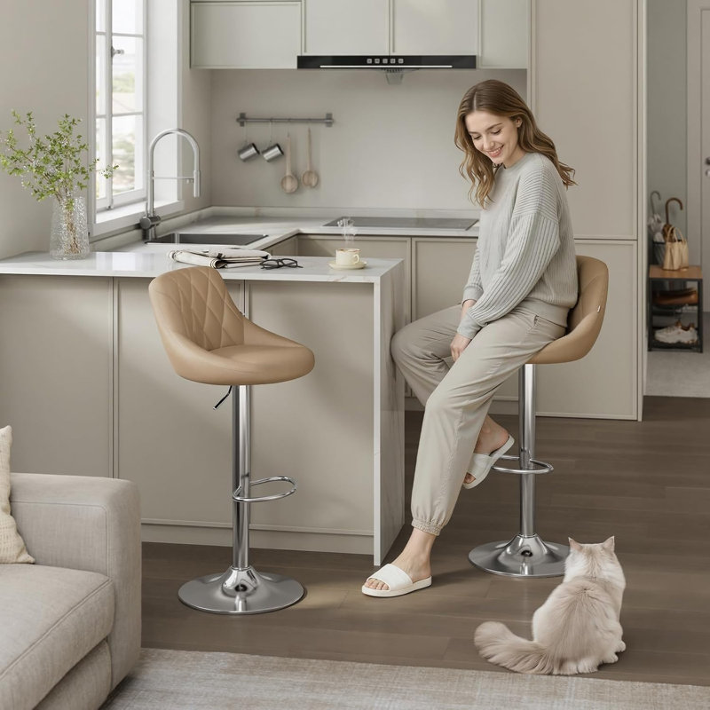 Swivel Upholstered Adjustable Height Counter Stool with Metal Frame, Khaki