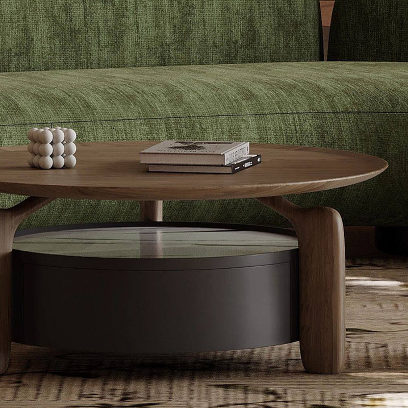 Table basse ronde de rangement de style médiéval, Bois brun / brun
