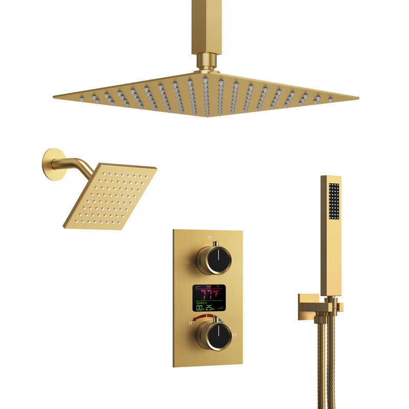 Dual Showerheads Digital Shower System, 12" Ceiling Mount Rainfall Shower Faucet with Handheld Shower, Brushed Gold