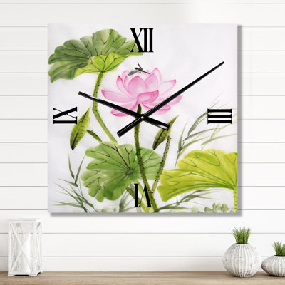 Horloge murale simple avec fleur de lotus et feuilles vertes