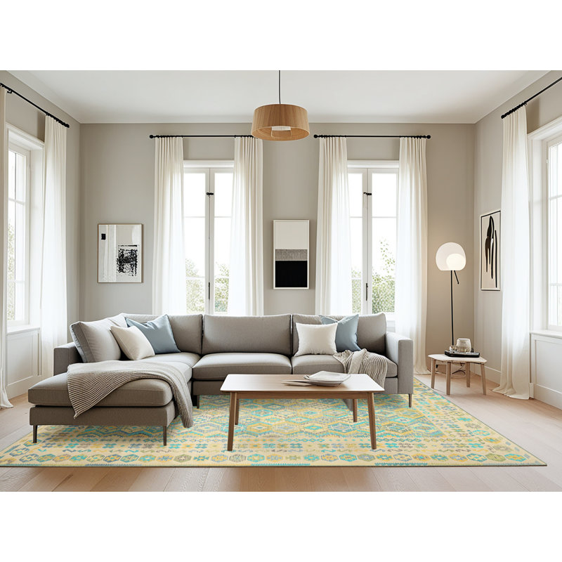 Tapis contemporain beige / vert, Rectangle 8 pi x 12 pi