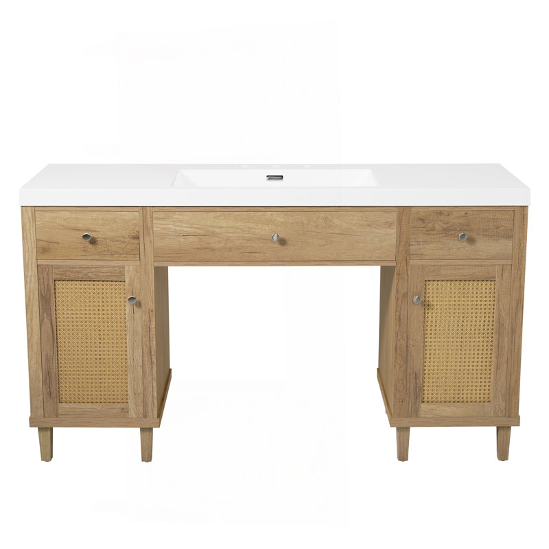 Meuble-lavabo de 60 po avec lavabo SMC, armoire de rangement spacieuse moderne avec tiroirs à fermeture en douceur et plateau basculant, pieds en bois massif et poignées en métal argenté, couleur bois