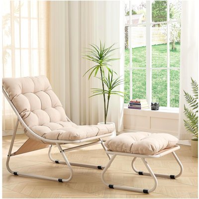 Patio Outdoor Lounge Chair with Ottoman, Comfy Sling Recliner Chair with Puffy Cushion and Foot Stool, Ideal for Living Room, Bedroom, Reading Room, Black frame with grey cushion