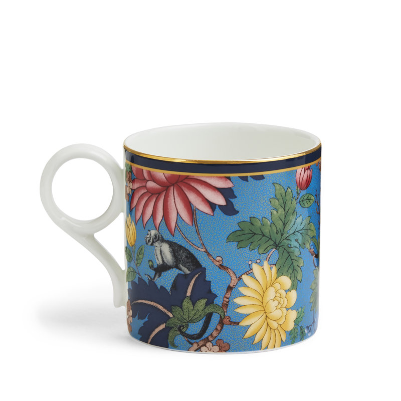 Large Blue Ceramic Mug with Exotic Floral Design