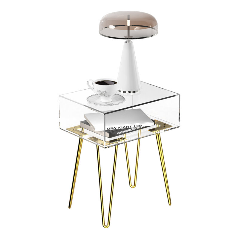 Table d'appoint en acrylique avec tablette de rangement, table de chevet moderne et transparente pour salon, chambre à coucher