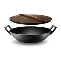 Wok en fonte, woks et poêles à frire, wok chinois avec wok à fond rond,  poêle à frire, sauteuse, grand wok professionnel, wok polyvalent, 42 cm /  16,5