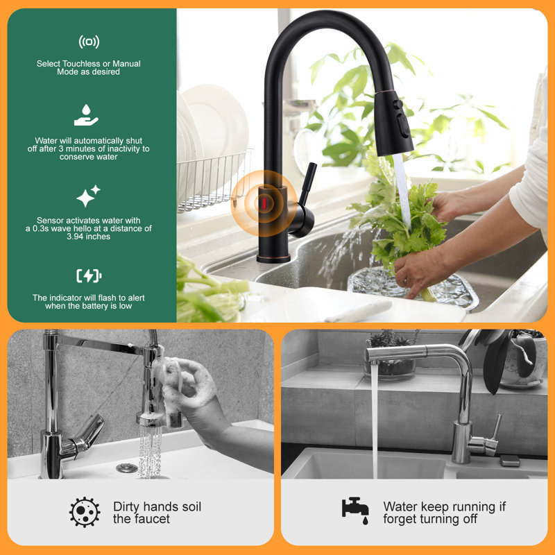 Oil Rubbed Bronze Touchless Pull-Down Kitchen Faucet with Spray