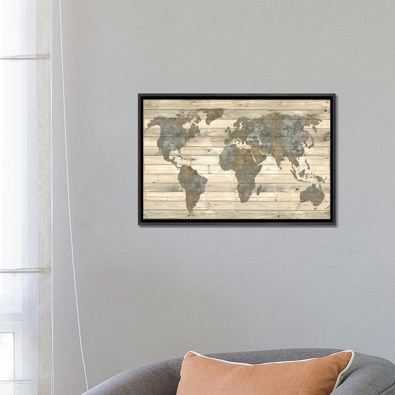 « Carte du monde sur bois » par Jamie MacDowell, reproduction d’art, H 18 po x l 26 po x P 1,5 po, Pas de tapis