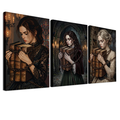 Ensemble de 3 toiles murales représentant trois femmes tenant des livres enchaînés, idéal pour Halloween.