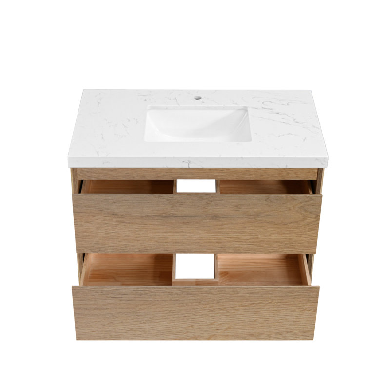 Wall-mounted Bath Vanity With Engineered Marble Top, 36", Natural wood
