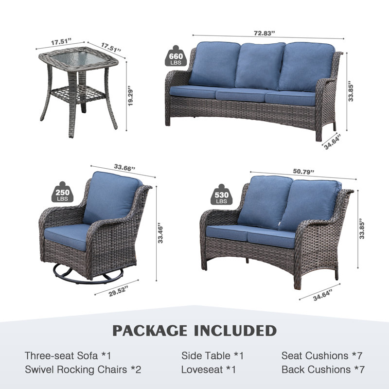 Klodjana Wood Premium All-Weather Wicker 7 - Person Patio Conversation Set with Cushions, Denim Blue, No