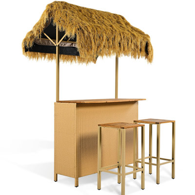 Bar extérieur avec ambiance hawaïenne et pieds réglables, auvent en gazon synthétique, bois, rangement spacieux à thème, solide pour le plaisir