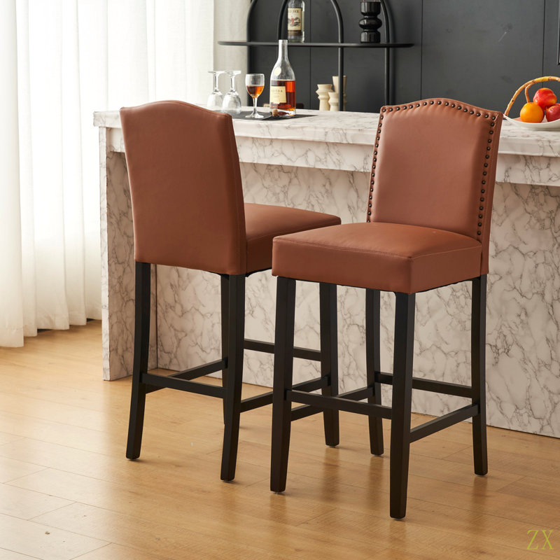 Ensemble de 2 tabourets de bar rembourrés pour îlot de cuisine avec pieds en bois d'hévéa et similicuir avec capacité de poids de 300 lb