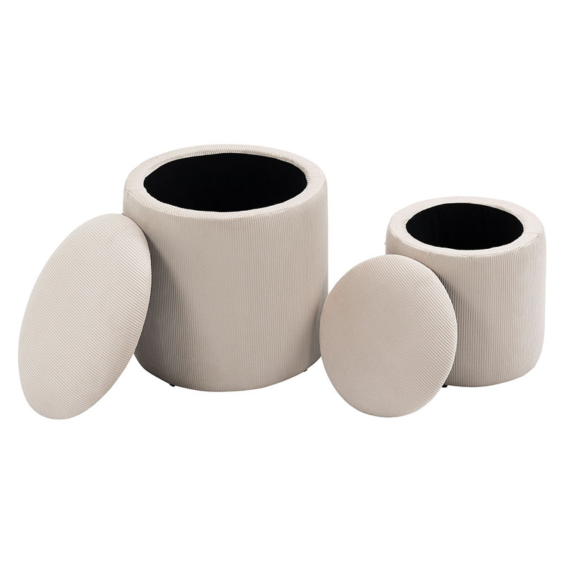 Ensemble de 2 poufs de rangement gigognes HOMCOM avec couvercles amovibles, repose-pieds rembourrés en velours côtelé blanc crème
