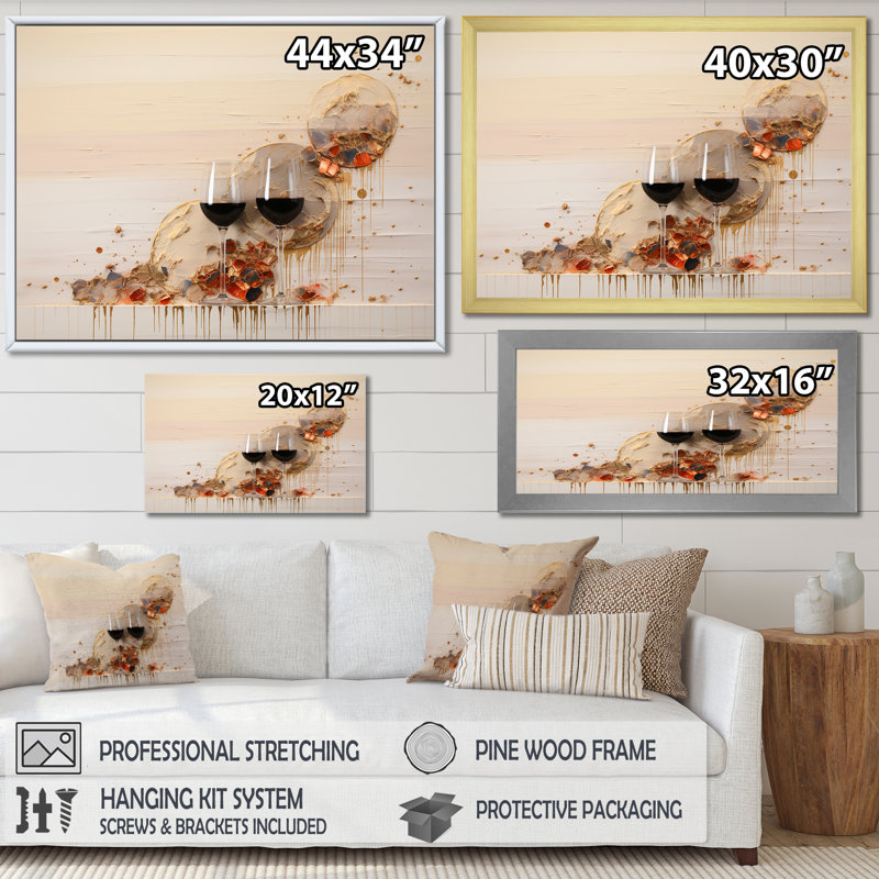 Minimalisme vin champagne sur toile, Cadre simple noir, H 34 po x l 44 po x P 1,5 po