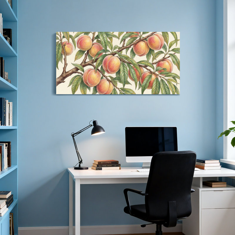 Plantes et fleurs - Branche de pêcher avec fruits mûres et feuilles vertes, H 16 po x l 32 po