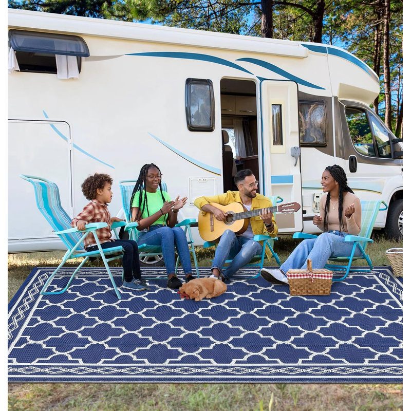 Outdoor Rug 8x10ft – Waterproof Reversible Plastic Straw Patio Mat, Easy Clean, Collapsible, Non-Slip Carpet with Carry Bag, Ideal for RV, Deck, Backyard, Beach, Camping, Picnic – Navy/White, 8*10ft(244*305cm) United States