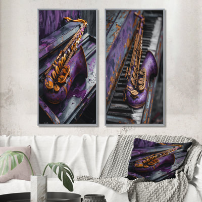 Purple Gold Music Instument Saxophone I - Music Wall Art 2 Pieces Set