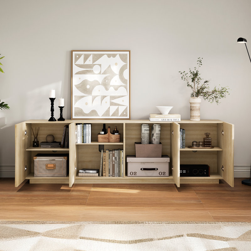 Meuble télé 70 po cannelé, meuble multimédia haut de gamme Mid-Century avec 4 portes et tablettes, meuble télé en bois inspiré des vagues