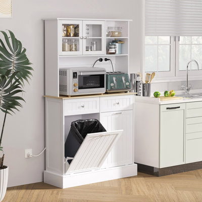 68" Kitchen Pantry Storage Cabinet With Charging Station, 2 Tilt Out Trash Cabinets And Microwave Stand, Freestanding Kitchen Hutch With Glass Doors And Adjustable Shelf, White, Sideboard