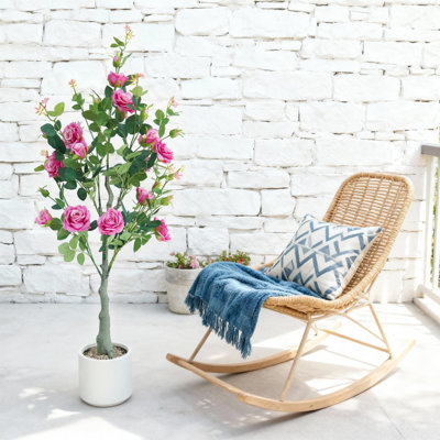 Artificial Rose Tree, 47.2 in. UV Resistant Faux Floral Tree with Realistic Silk Blooms and White Planter Pot, Indoor Home Office Decorative Plant