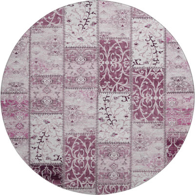 8' Burgundy And Ivory Patchwork Distressed Washable Round Rug With UV Protection