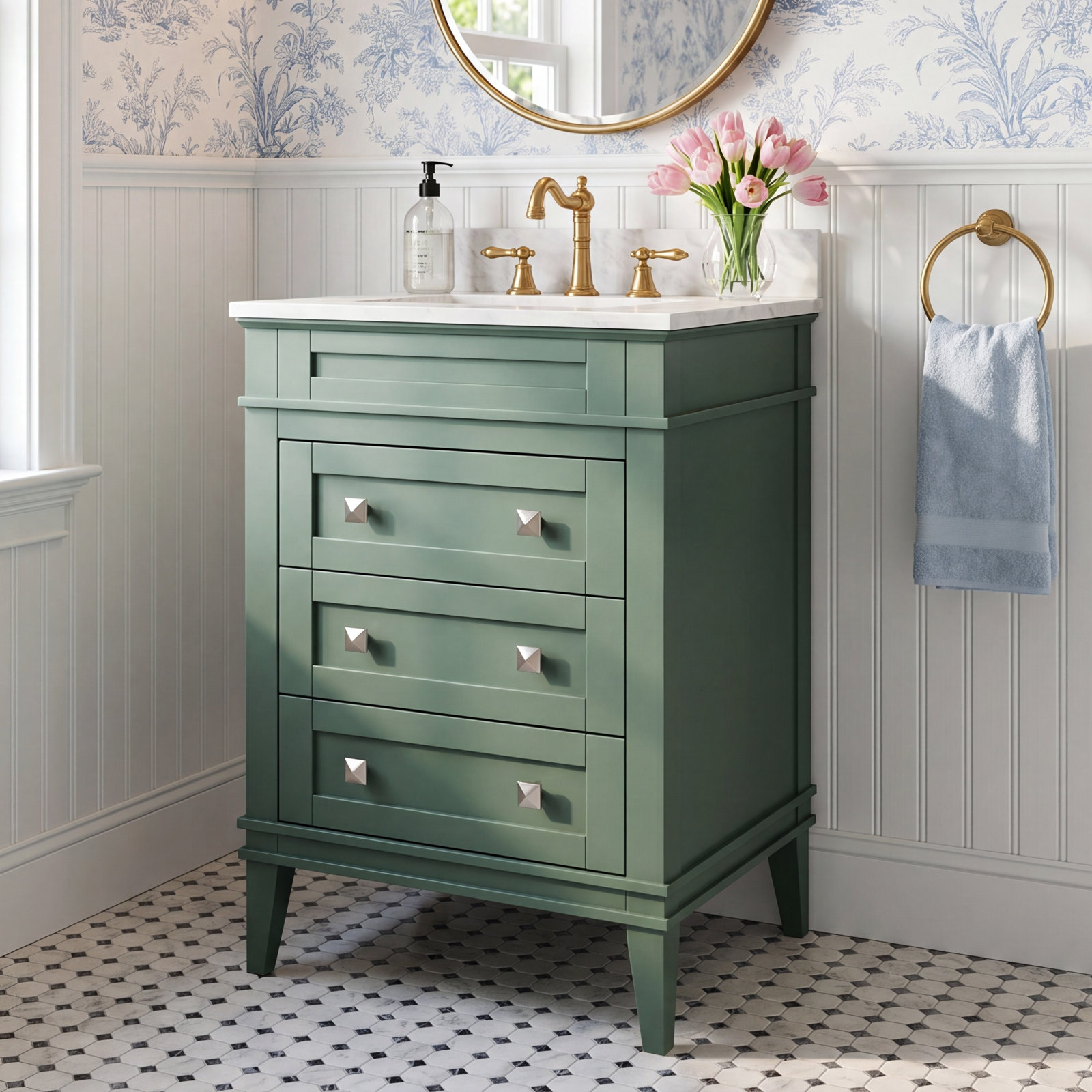 24'' Single Bathroom Vanity, Carrara Marble, Sage Green