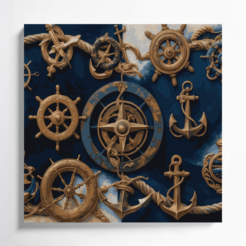 «Nautical Traditional Emblems», art mural sur toile grise, H 12 po x l 12 po