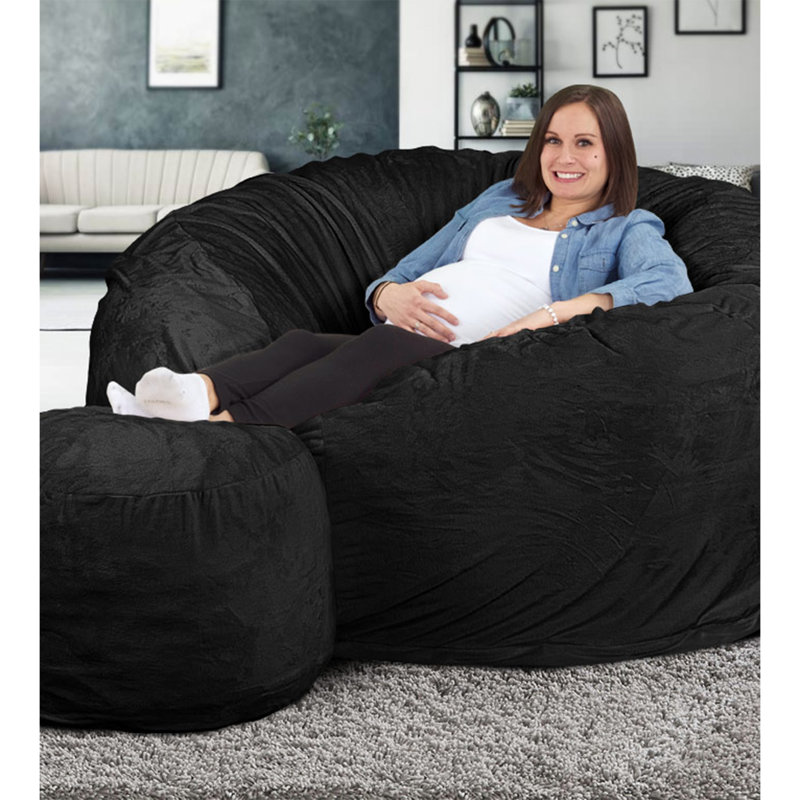 5ft Bean Bag Chair and Footstool, Oversized Lounger, Suede, 34" H x 68" W x 68" D, Charcoal Suede