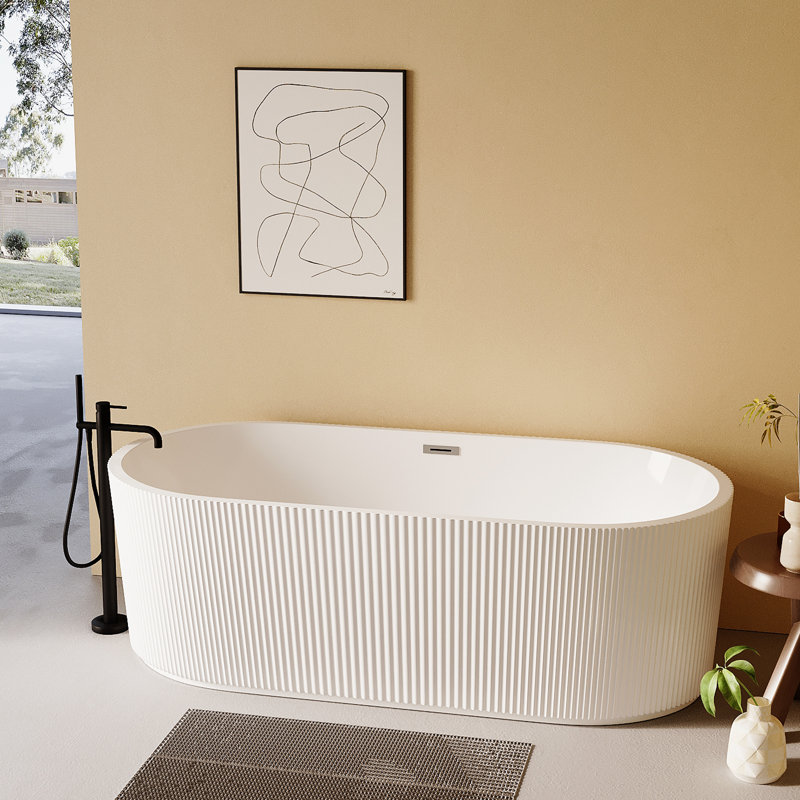 59"Linear AcrylicFreestanding Bathtub Stand Alone Soaker Tub, Glossy White Acrylic, POP-UP Chrome Drain, cUPC Certified