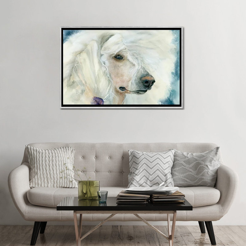 Continental chic - Caniche blanc, Encadrement argenté, H 32 po x l 48 po