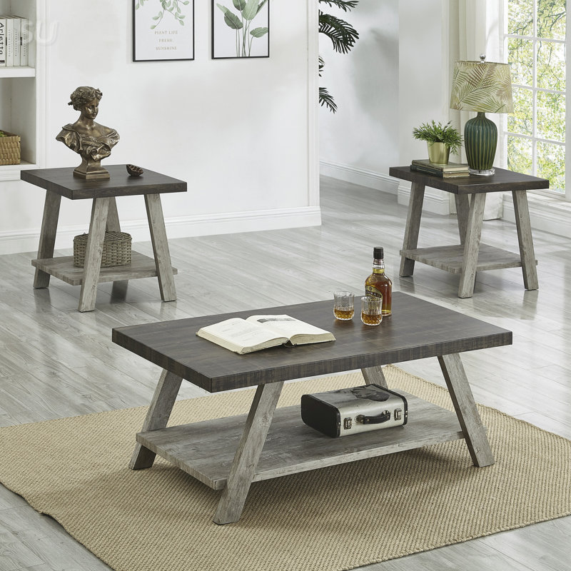 Ensemble de 3 tables basses contemporaines avec rangement supplémentaire, finition noyer patiné et gris, Gris foncé, Gris