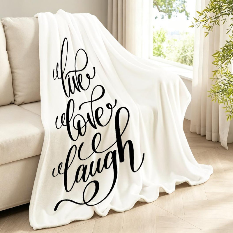 Jeté en molleton noir ultra doux en flanelle, Live Love Laugh et imprimé blanc sur une face, Throw 40" x 50"
