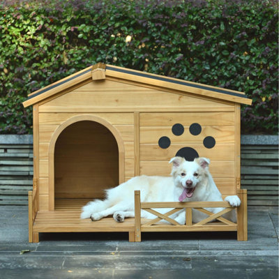 48" Wooden Dog House Outdoor with Porch - Water-Resistant Asphalt Roof Kennel with Fencing, Indoor/Outdoor Dog Crate with Paw Print Design for Medium Dogs, Natural Wood Finish